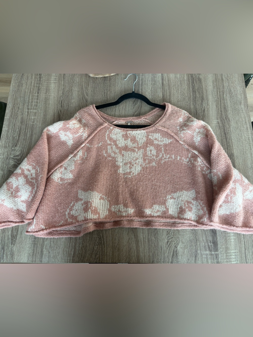 Free People Cropped Pink Cream Floral Knit Sweater